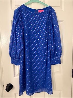 Lilly Pulitzer Royal Blue Metallic Dot Puff-Sleeve Dress